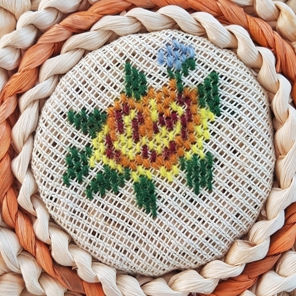 1980s Woven Rattan and Needlepoint Large Trivets - Picture 2 of 9